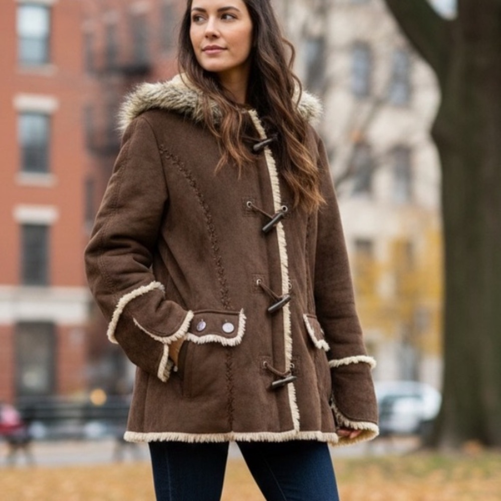 VTG‎ Y2K Brown Esprit Faux Fur Sherpa Lined Coat Zip and Toggle Buttons RG10722